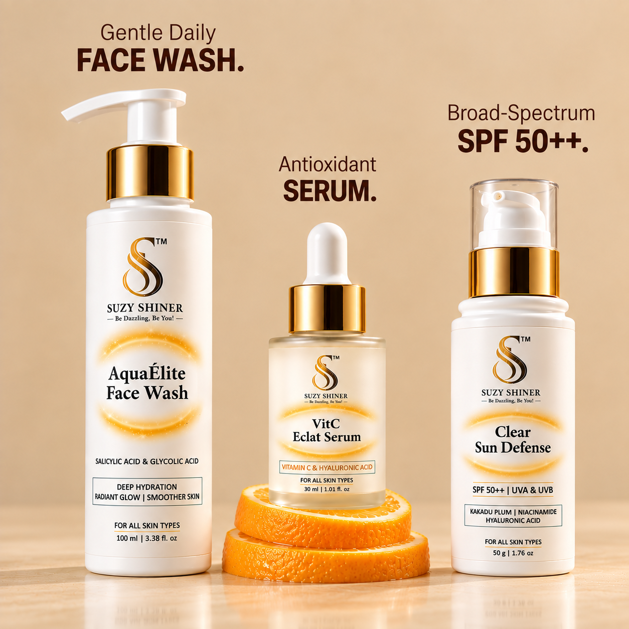 Brightening Essentials Trio - Aqua Élite Face Wash + Vit-C Éclat Serum + Clear Sun Defense SPF 50++