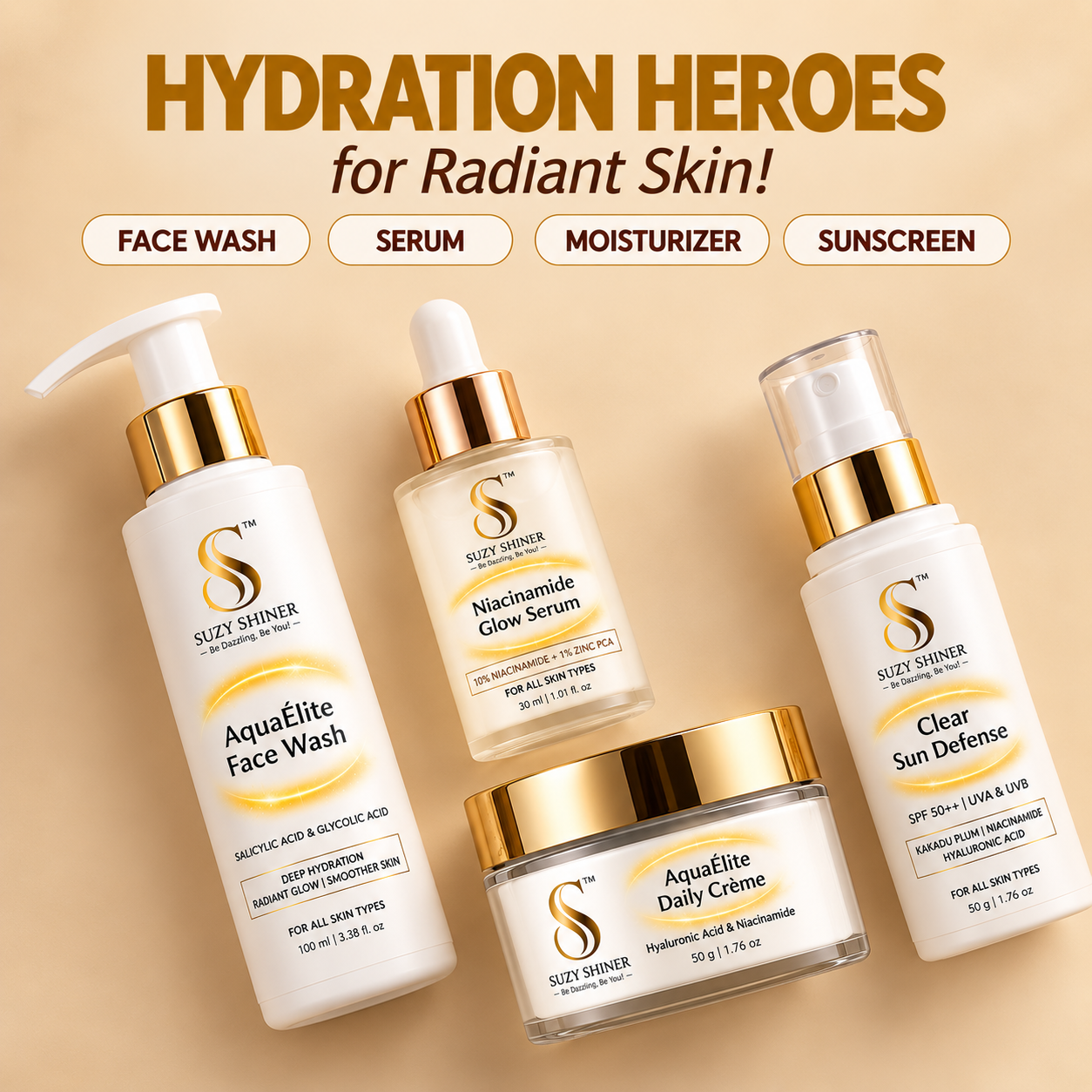Clear Glow Routine - Aqua Élite Face Wash + Niacinamide Glow Serum + Aqua Élite Daily Crème + Clear Sun Defense SPF 50++
