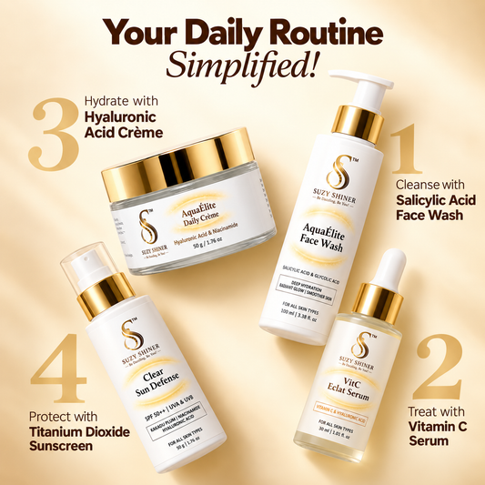Complete Glow Routine - Aqua Élite Face Wash + Vit-C Éclat Serum + Aqua Élite Daily Crème + Clear Sun Defense SPF 50++