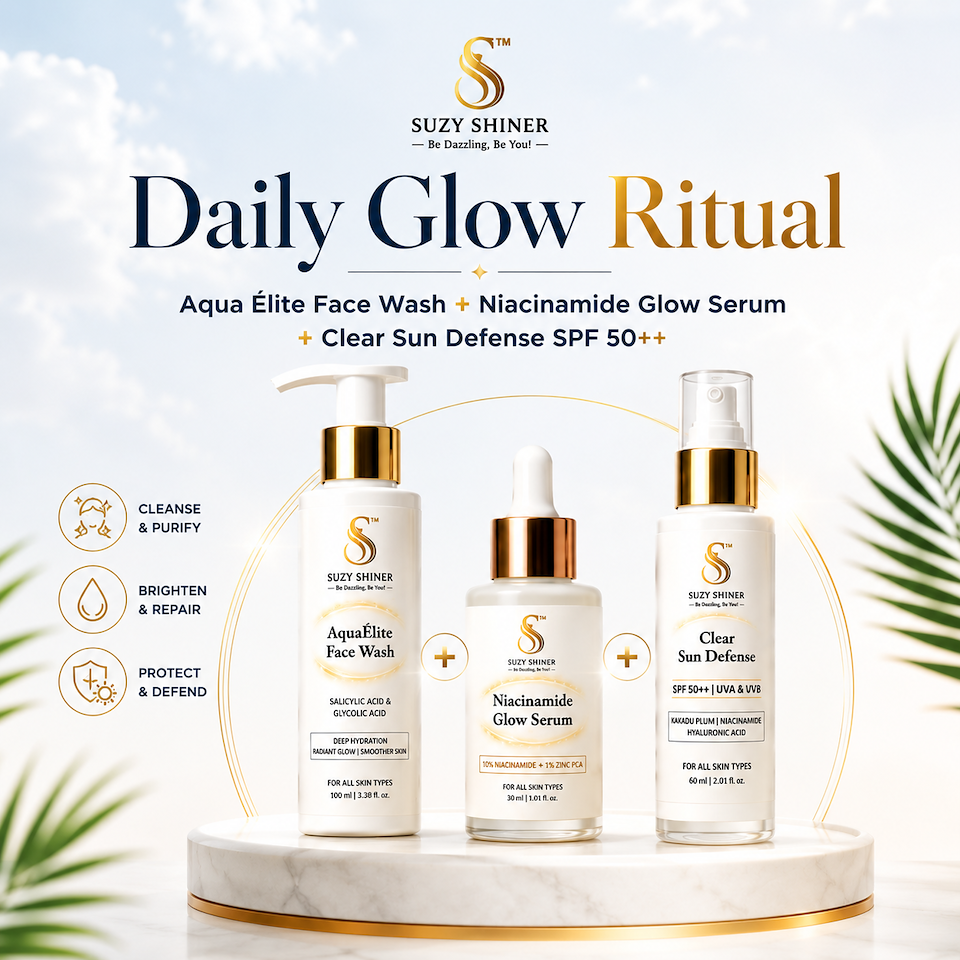 Daly Glow Ritual - Aqua Élite Face Wash + Niacinamide Glow Serum + Clear Sun Defense SPF 50++