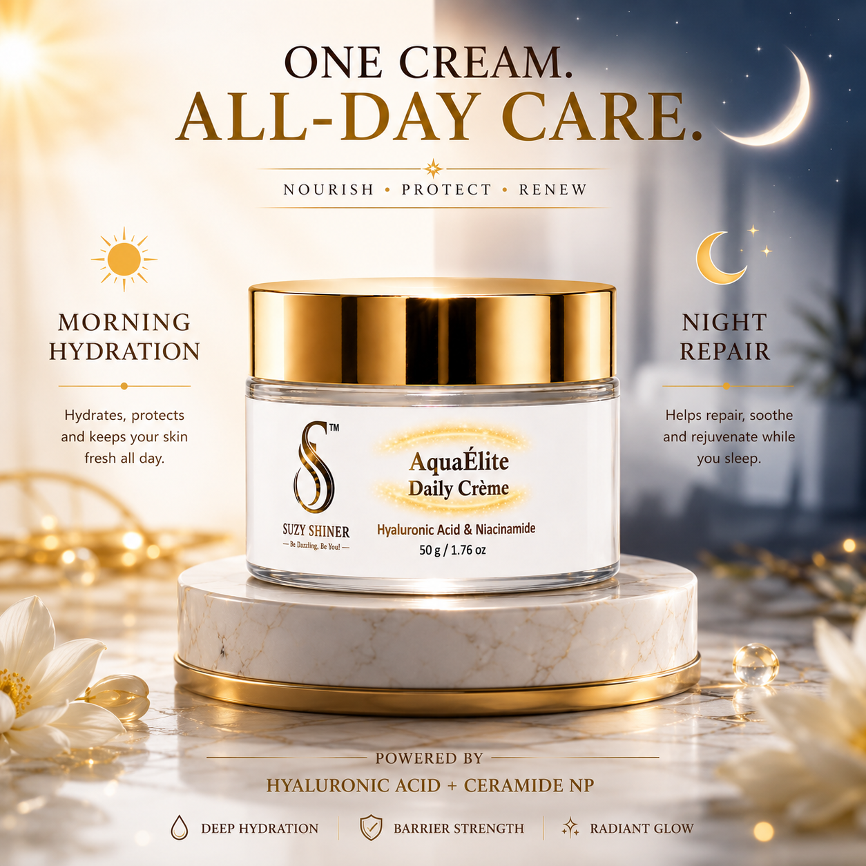 Suzy Shiner Aqua Élite Daily Crème benefits on using it at daytime and nighttime.