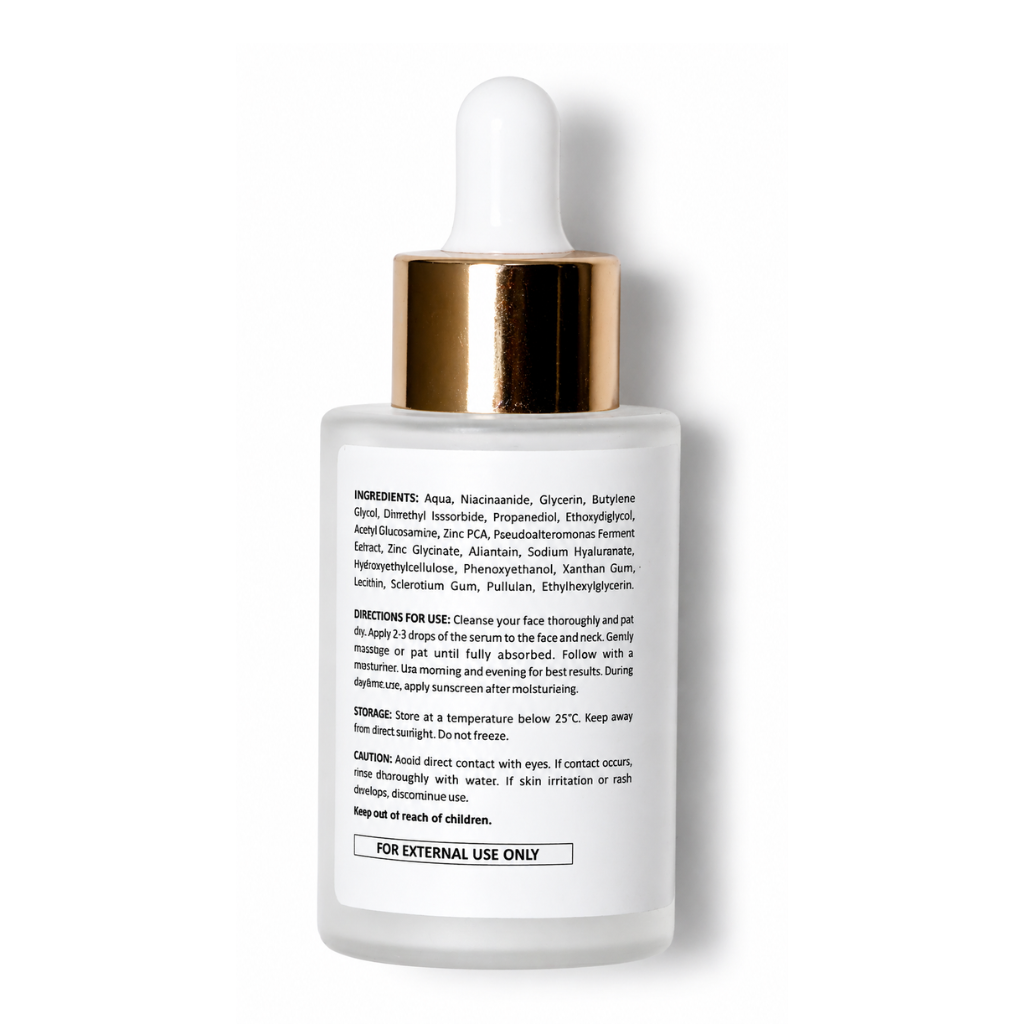 Niacinamide Glow Serum back label showing ingredients, direction, storage and caution.