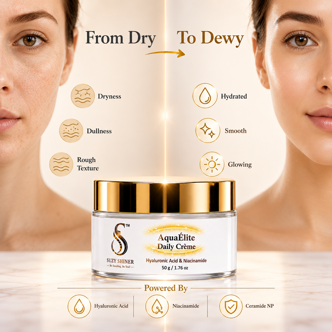 Suzy Shiner AquaÉlite Daily Crème face moisturizer with Hyaluronic Acid and Niacinamide 50g.